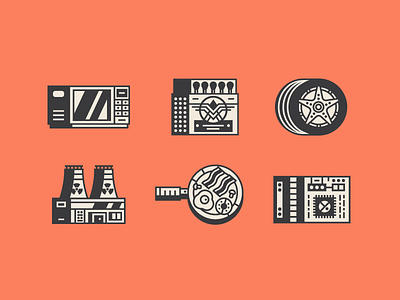 Old Icons computer chip fry up line art matches microwave nuclear power plant retro tyre wheel