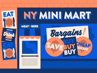 Mini Mart advertising badge bodega branding food gouache icons line art market poster shop shop front super market