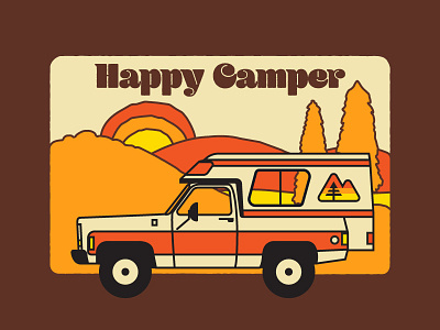 Happy Camper 1970s design fall flat hiking icon illustration logo nature outdoors packaging truck