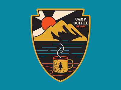 Camp Coffee Patch badge coffee cup design illustration mountain outdoors patch retro simple sunrise