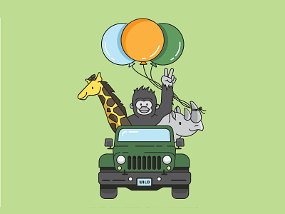 Birthday Illustration animals balloons birthday giraffe gorilla invitation jeep rhino safari wild
