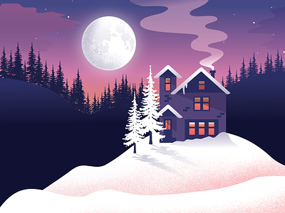 House on snowy hill design glowing house glowy moon house illustration moon snowy hill trees vector
