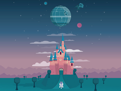 Disney and the Death Star castle clouds death star disney illustration planets r2d2 space star wars stars tie fighter trees