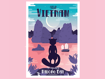 #150 The Legendary Halong Bay boat halong bay illustration mewtwo moon mountains pokemon pokemon go poster travel poster vietnam