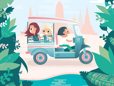 Adventures in Ayutthaya art children cute illustration jungle kids man river temple thailand travel tuk tuk