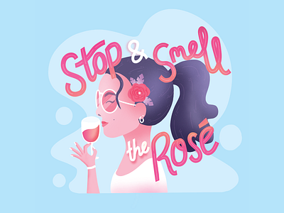 Stop and Smell the Rosé blue caligraphy character cute design flower girl hair hand illustration procreate pun purple rose rosé typography ui vector vintage wine