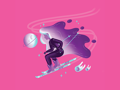 Ski Girl boots character comet cute girl hair illustration lycra neon pink planets procreate purple ski skiing space sports stars vector