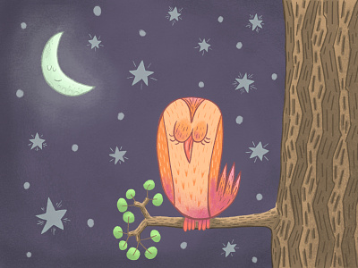 Sleepy Old Owl cartoon comic design digitalart illustration moon owl procreate stars tree