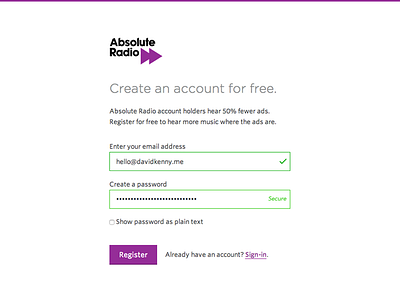 Account sign up process account forms purple radio signup validation