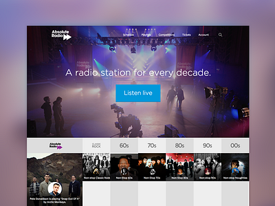 Absolute Radio network homepage logged in logged out music promo purple radio splash