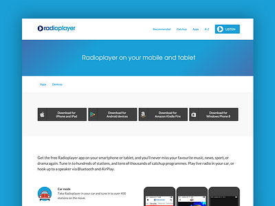 Radioplayer product page app blue buttons music product radio