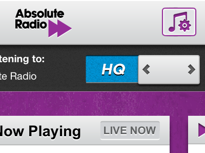 Visualised radio app interface app audio button grey hq icon interface ios iphone live music purple radio slider switch texture ui