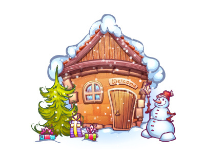 Winter cartoon home with snowman