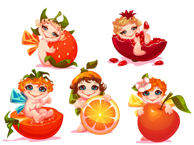 Sweet fairies with fruits apple berry child citrus fairy food fruit garnet girl orange pomegranate tomato