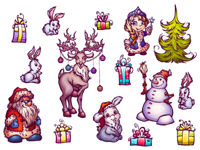 Set of New Year illustrations christmas claus deer hare maiden new year pine rabbit santa snowman winter xmas