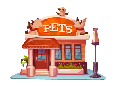 Pet shop building with bright banner.