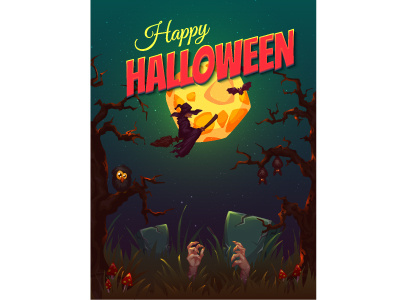 Halloween party poster background banner broom forest halloween hand moon night party poster witch zombie