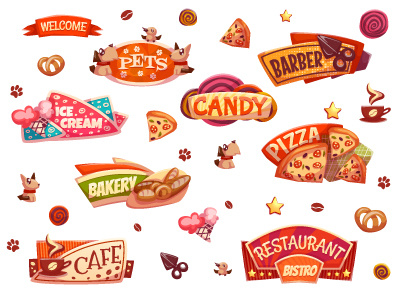 Vector set of brightly banners bakery banner barber cafe candy food pet pizza pizzeria set shop vector
