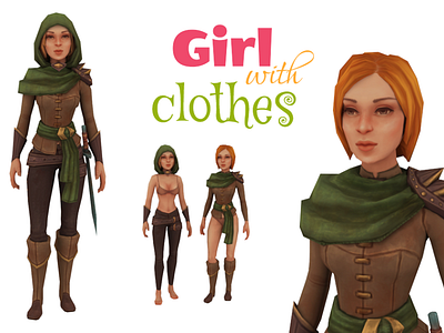 Girl with clothes 3d animated character clothes clothing fantasy female game girl hero low poly model rigged set sword warior weapon woman