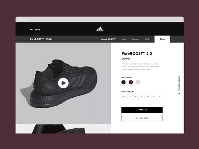 Adidas Pure Boost adidas ecommerce minimal photography portfolio productdetail pureboost responsive shop uidesign uiux userinterface uxdesign webdesign website