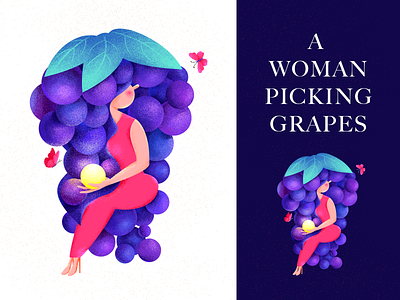 A woman picking grapes butterfly creative design girl grape illustration luminous magic mission people woman