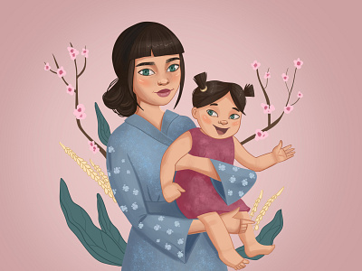 Japanese Mom baby character character design child face food illustration japan mother woman