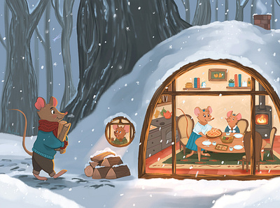 At Home book illustration character art character design childrens illustration cozy heartwarming home illustration kidlit kidlitart kids illustration mouse picture book winter