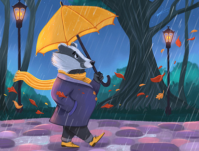 Rainy windy autumn day autumn badger character art character design childrens illustration cozy fall illustration kidlit kidlitart picture book rain windy