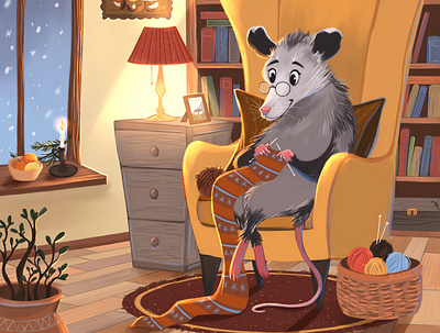 Cozy Evening character art character design childrens illustration christmas cozy cute evening illustration kidlit kidlitart knitting new year opossum picture book winter