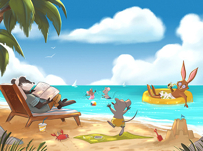 Summer day by the sea badger beach character art character design childrens illustration cute hare holiday illustration kidlit kidlitart mouse ocean picture book sea summer vacation