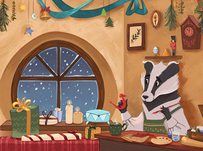 Wrapping Presents badger character art character design childrens illustration christmas cozy cute illustration kidlit kidlitart new year picture book presents snow winter