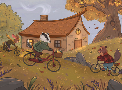 Racing with the wind autumn badger beaver bike character art character design childrens illustration cute fall friends friendship hare illustration kidlit kidlitart picture book