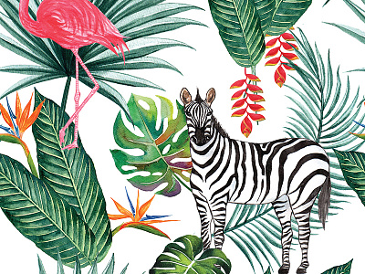zebra and flamingo with tropic botany background by Planolla on Dribbble