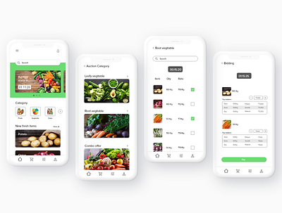 Vegetable auction app app design experience design green interface lighttheme minimal mockup quicktask research simple ui ux vegetable white