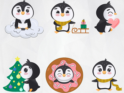 Winter penguin set adobe illustrator brand illustrations branding character design children design design freelance project graphic design icon set illustration illustration set job opening nft nft collection nft design print t shirt design vector website winter set