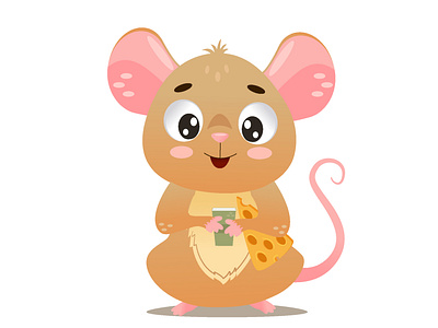 Cute mouse character with cheese and coffee