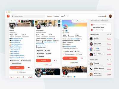 CreatorScout - Discover Twitter accounts to follow after effects animated directory discover figma filters follow match motion graphics platform profile scroll search social network swipe tinder twitter ui webapp website