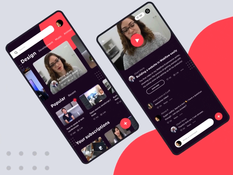 Video Courses App after effects animated cards color comments courses dark discover explore figma fun gif interaction motion profile search ui video video app youtube