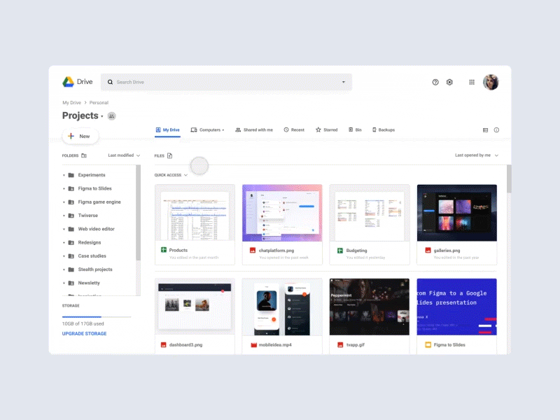 Google Drive Redesign after effects animated cards case study dropdown figma file manager file sharing gif google google drive interaction redesign ui webapp website