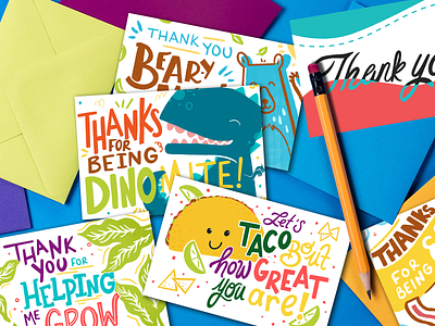 Let Grow Thank You Cards bear design digital dinosaur grow handlettering illustration lettering procreate puns taco thank you thank you card type typography