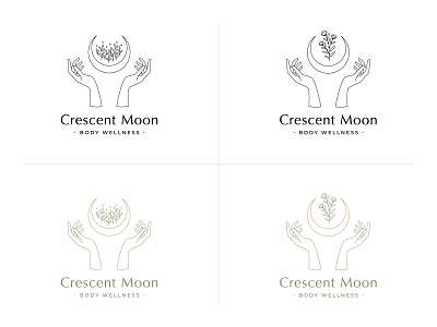 Crescent Moon Body Wellness - Revised Logo Concepts brand identity gold green hand drawn hands illustration line drawing logo massage massage therapy minimal moon plants vancouver wellness wellness logo