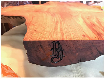 PG Monogram for PG Wood & Weld LLC design hand crafted logo monogram process design progress typeface wood burn woodworking