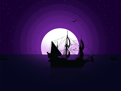 Pirate Ship anchor bird dark graphic illustrator ocean pirate ship purple stars sun water