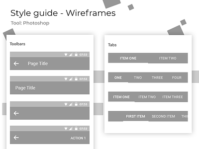 Style Guide 3 Toolbars and Tabs 2d adobe android app design flat flow style guide ui ux wireframes