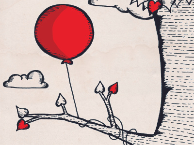 Balloon Tree Limb balloon balloon art childrens art childrens book illustrations illustration pen and ink red accent red balloon tree