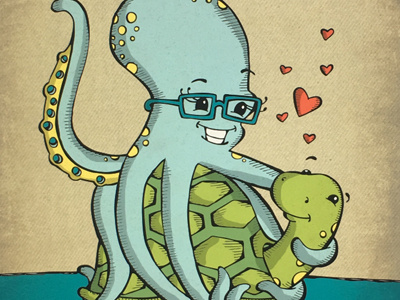 Octopus and Turtle animal art commissioned couples design glasses illustration love octopus pen and ink turtle