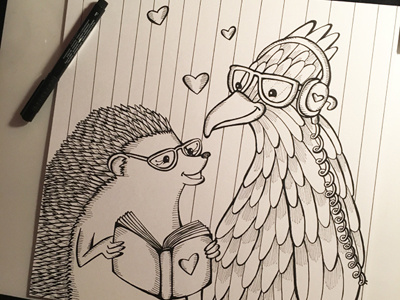 Hedgehog and Jay In Progress animal art bird commissioned hand drawn hedgehog illustration pen and ink process