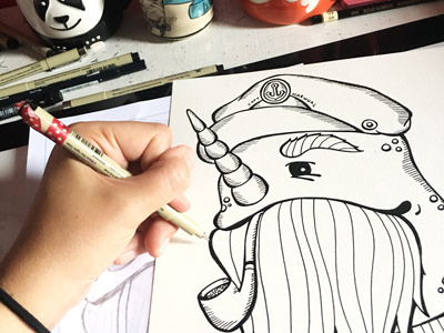 Narwhal Sailor - Inked animal art aquatic art gentleman illustration narwhal pen and ink process sailor
