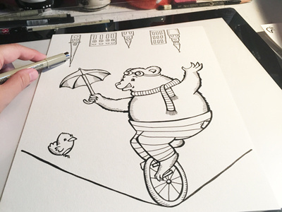 Unicycle Bear - Inked animal art bear bear illustration childrens art design highwire illustration pen and ink unicycle