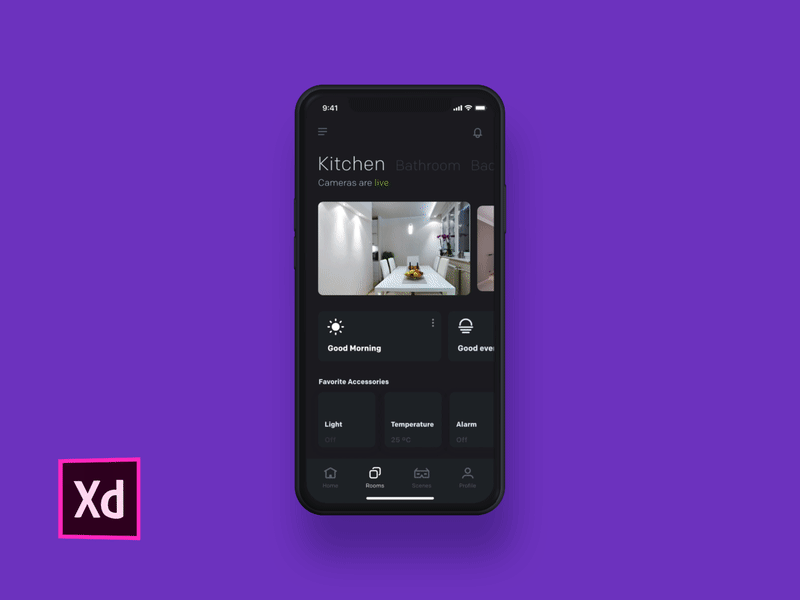 Smart Home adobe xd animation augmented reality cards clean dark app dark background dark mode details device home app interaction madewithadobexd mobile app simple smart smart home transition ui ux user user interface